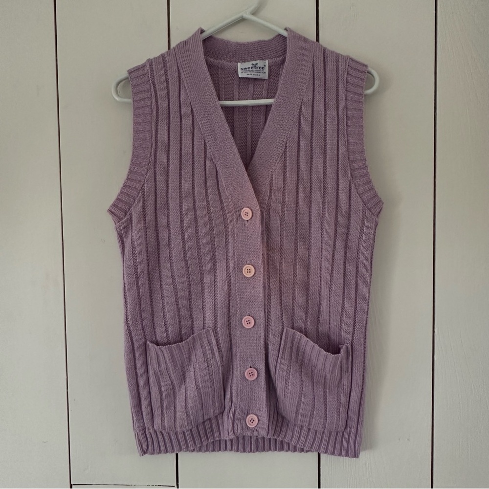 VTG Knit Sweater Vest Button Front Pockets Sz M Lilac USA Made